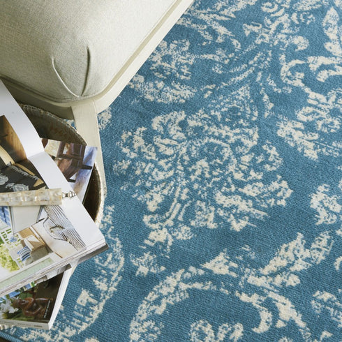 2' X 4' Blue Damask Power Loom Area Rug